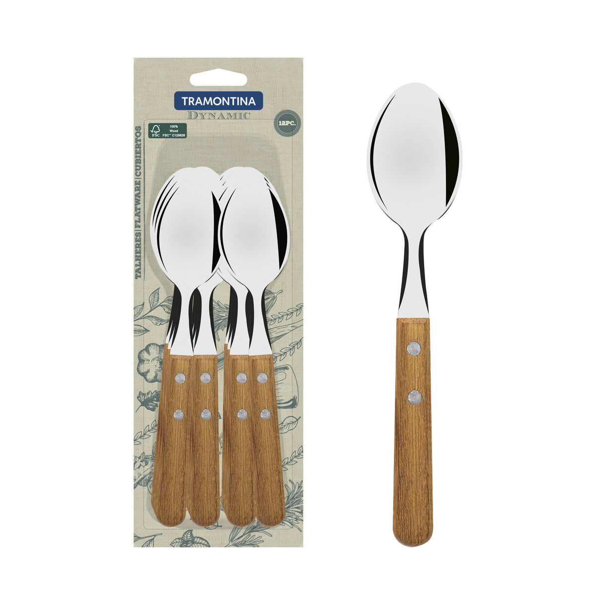 Conjunto de Colheres de Mesa Tramontina Dynamic com Lâminas em Aço Inox e Cabos de Madeira Natural 12 Peças  480g OFERTA!!