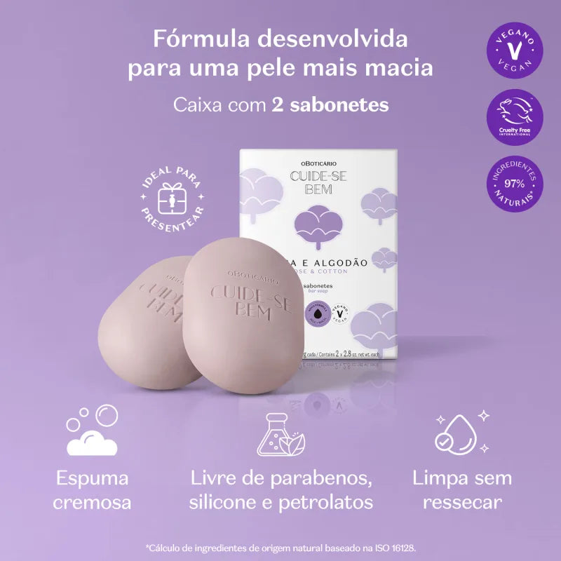 O Boticário Sabonete em Barra Cuide-se Bem: Rosa e Algodão (Caixa com 2x80g)
