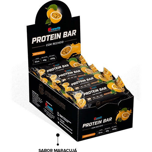 Growth Protein Bar Barra de Proteína - Display C/ 12 Un. Sabor Chocolate Branco com Recheio de Maracujá (480g)