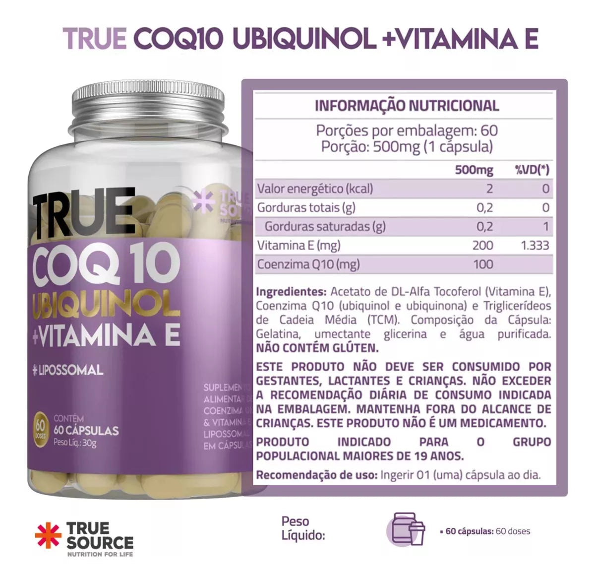 True COQ10 Ubiquinol True Source 60 Cápsulas (30g)